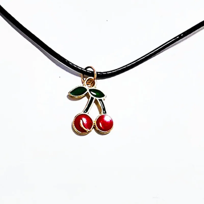 

2018 New fashion black leather red cherry pendant necklace ladies wedding jewelry collier colar Hot Girl ras de cou