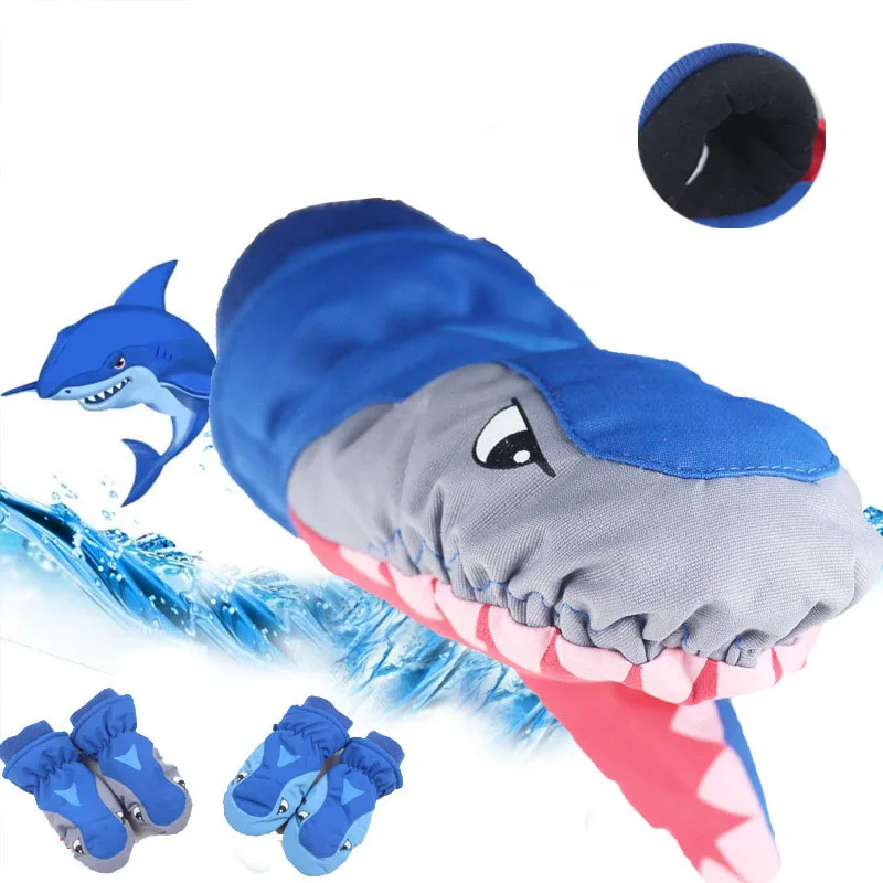 1 пара зимних перчаток, детский утепленный бархатный утеплитель, лыжные перчатки с рисунком акулы для мальчиков и девочек, водонепроницаемые ветрозащитные детские варежки