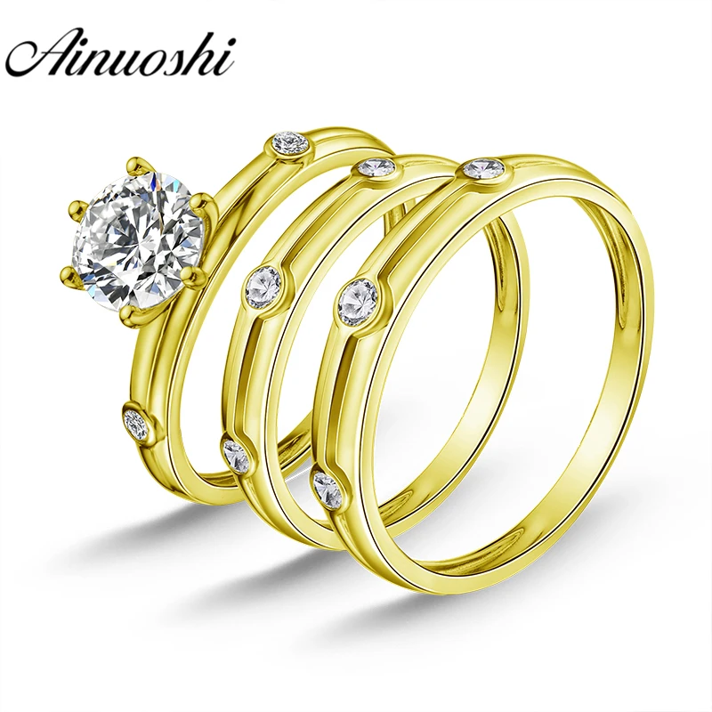 

AINUOSHI Real Gold TRIO Rings Bezel Sezel Setting Band Bridal Ring Engagement Wedding Jewelry 10K Yellow Gold Couple Rings Set