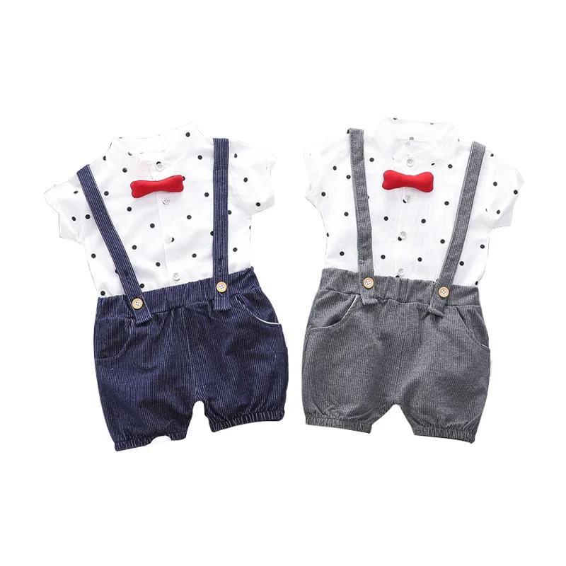 

2019 new fashion strap set boy gentleman shirt wave point short-sleeved shirt + strap striped pants two-piece