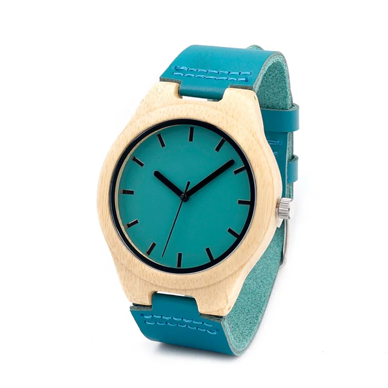 BOBO BIRD Handmade Men Bamboo Watch With Blue Genuine Cowhide Leather Strap Casual Watches as Gifts Wristwatches C-F20