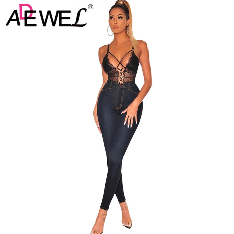 ADEWEL Fashion Sheer Lace Up Bodysuit Sexy Party Wear Embroidery Hollow Out Lace Bodysuit Black White Jumpsuit Summer Overalls