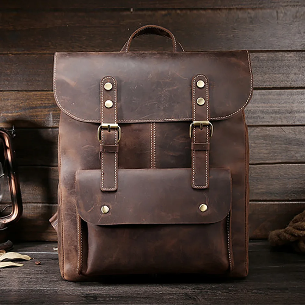 Crazy Horse Cowhide Men Backpack Genuine Leather Vintage Daypack Travel Casual School Book Bags ...