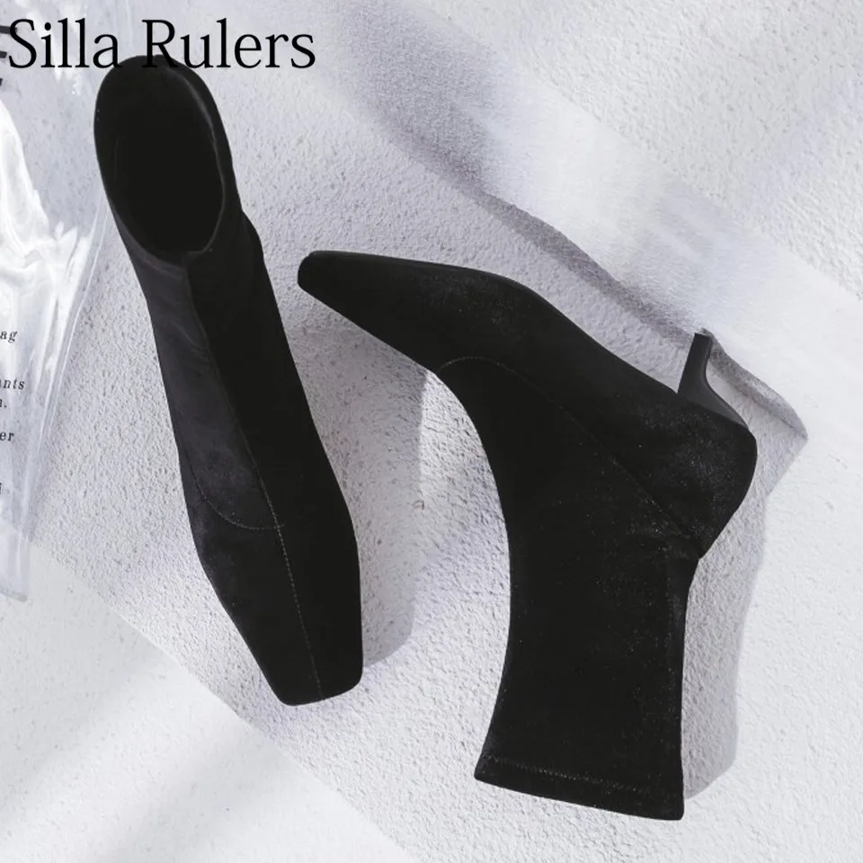 

Silla Rulers 2018 New Corduroy Ankle Boots European And American Style Slip On Square Toe Strange Style Short Boots Woman