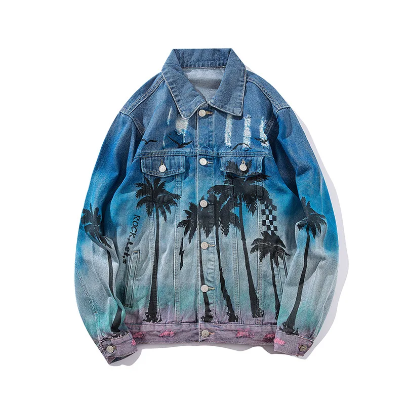 

Palm Coconut Tree Printing 2018 Hot Denim Bomber Jacket Men's Jeans Jacket High Street Loose Hip Hop Hole Jaqueta Masculina