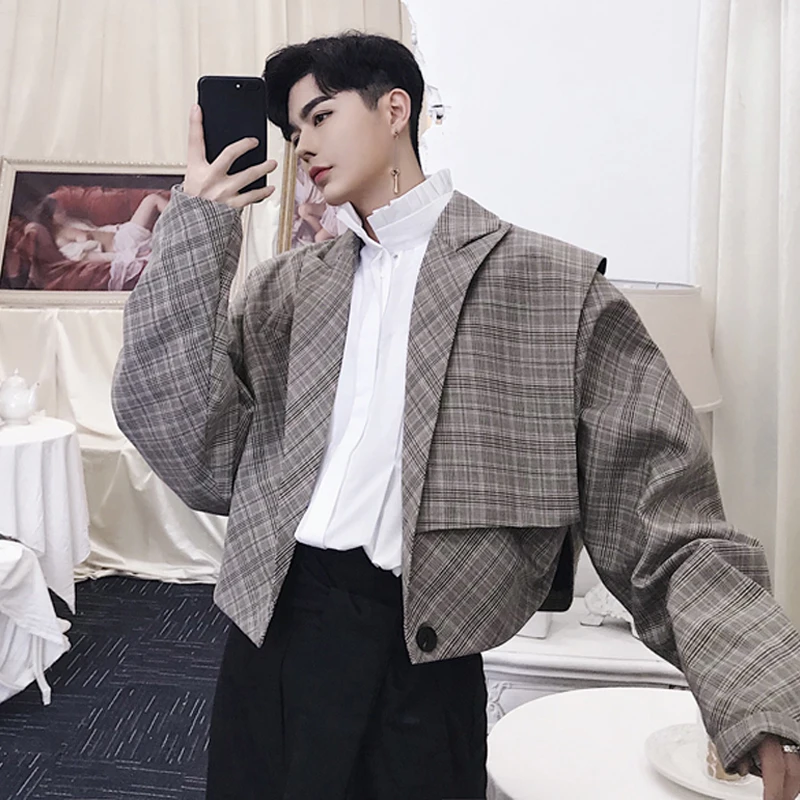 

2019 Autumn Original Design Jacket Men Plaid Casual Short Blazer Mens Oversize Brand Single Button Blazer Masculino DS50764