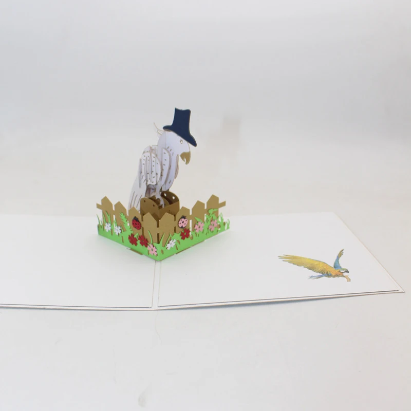  3D Handmade Wearing Bowler Hat White Parrot Paper Invitation Greeting Cards Postcard Kids Birthday  - 33019410615