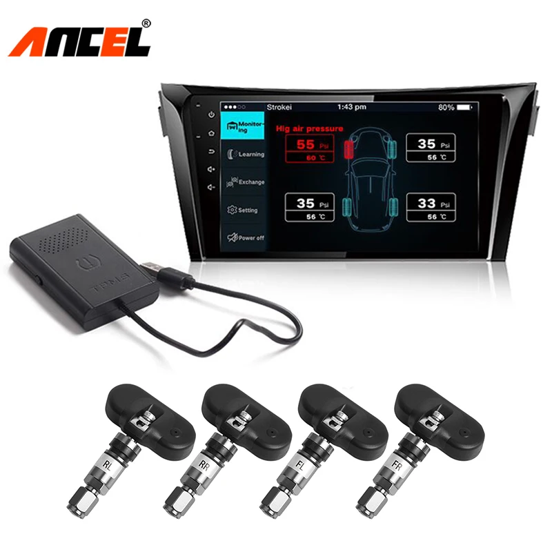 Ancel TPMS Android DVD Car Tire Pressure Monitoring System 4 External/Internal Sensors Alarm Tire Temperature Monitoring System tp630 tpms car smart bluetooth tpms tire pressure psi bar temperature alarm system for android for ios 4 sensors