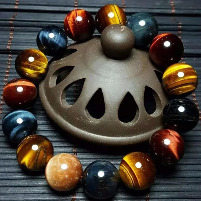 

Natural Tiger Eye 14mm Beads Multi Color Stone Bracelet Men Women Charm Bracelets Bangles Elastic Rope Chain Jewelry