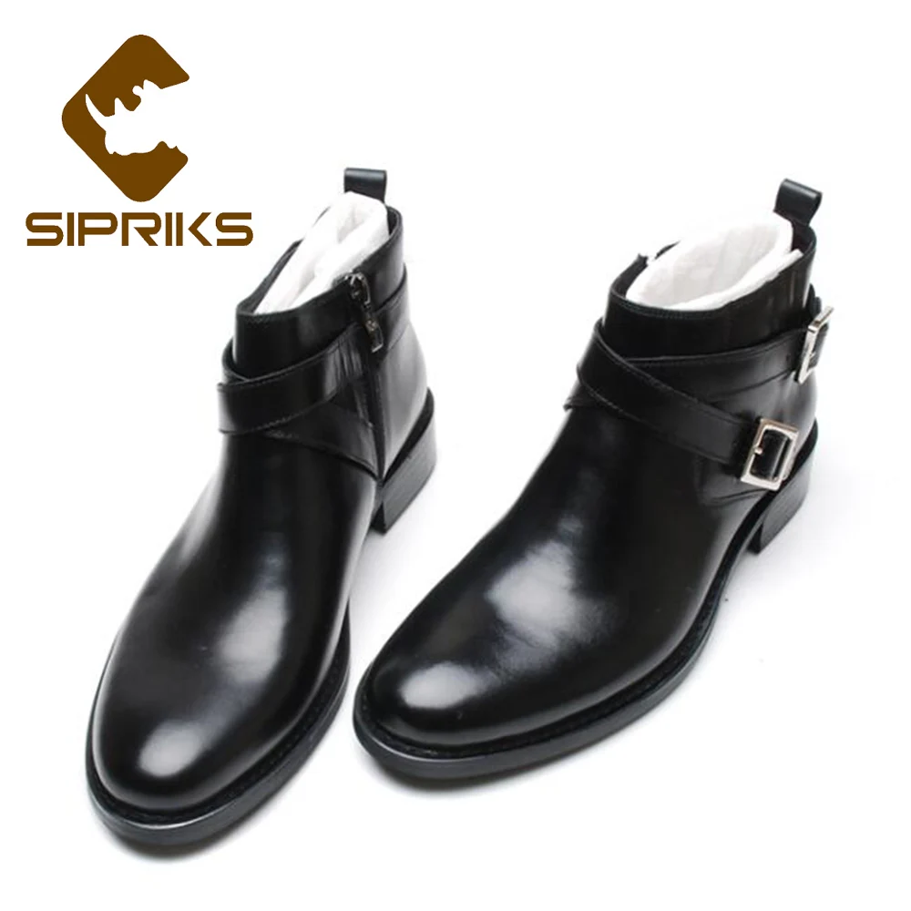 Sipriks/Большие размеры 37-46; черные мужские ботинки из натуральной кожи на молнии с двойной пряжкой и ремешками; ботильоны с круглым носком; обувь с высоким верхом