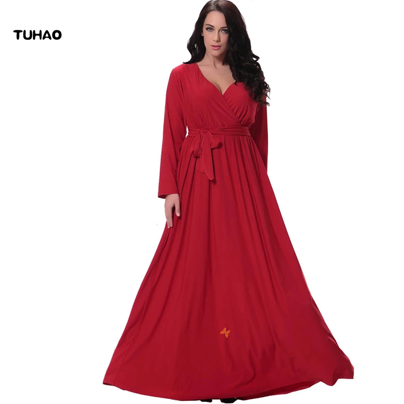 TUHAO, красное Элегантное Длинное Платье макси с поясом, тонкие платья а-силуэта, 5XL, 6XL, Женские винтажные вечерние платья с v-образным вырезом, Vestidos, Femme размера плюс, CM09