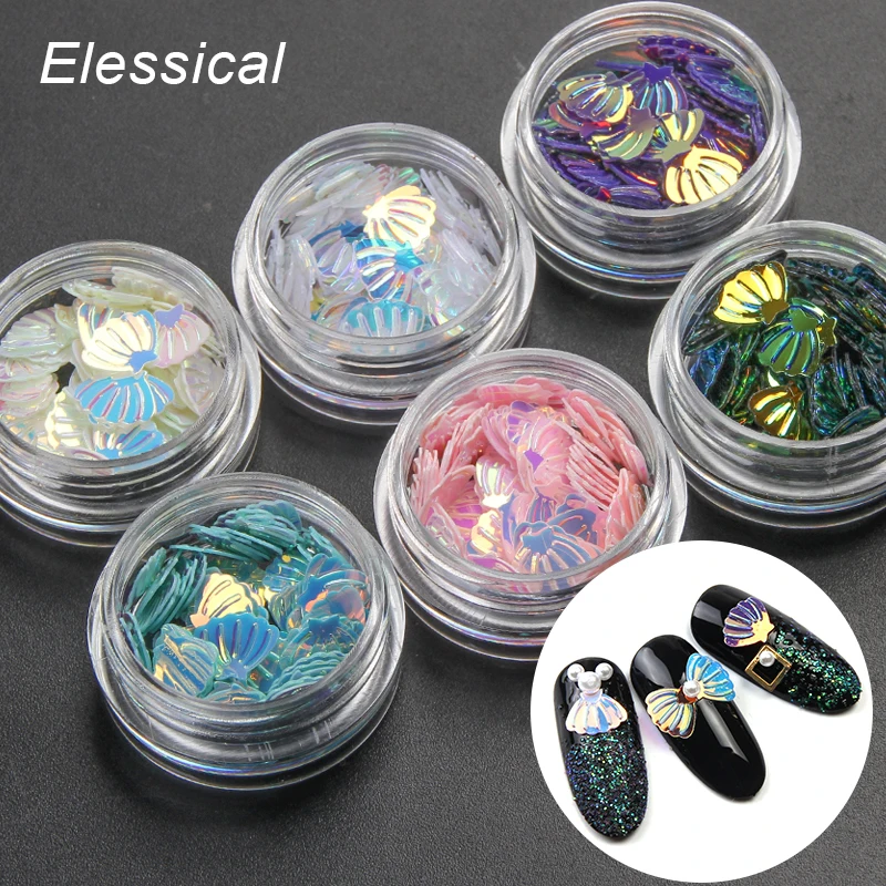 

ELESSICAL 6 bottles Shell Shape Nail Glitters Mermaid Color Nail Art Decorations DIY Nail Tip Polish Set For Manicure Tool WY346