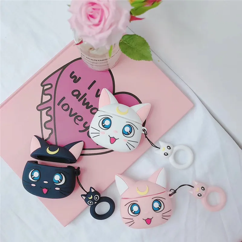 Cartoon Case for AirPods Cute Earphone Cases for Apple Airpods2 Accessories Protect Cover with Finger Ring Strap Unique Luna Cat