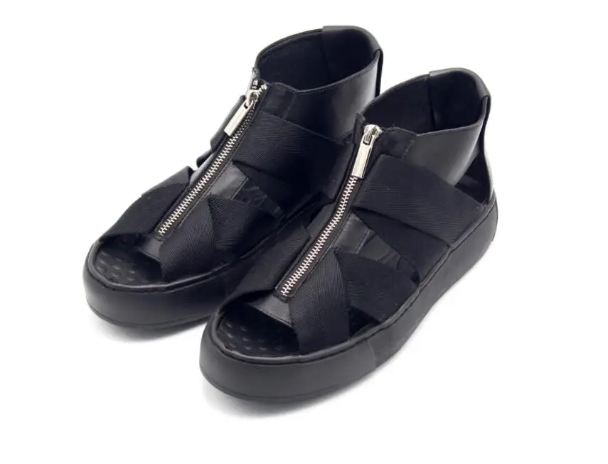 

Men's summer cool sandals boots black genuine cow leather fish mouth toe zipper Roman sandal shoes short ankle boots for men