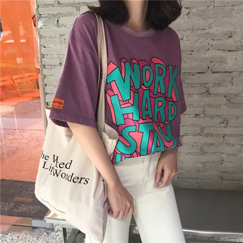 

SOSHIRL Work Hard Stay Humble Print T Shirt Funny Slogan Letter Top Summer Loose Cotton Tee Shirt Women Punk Comfortable T-shirt