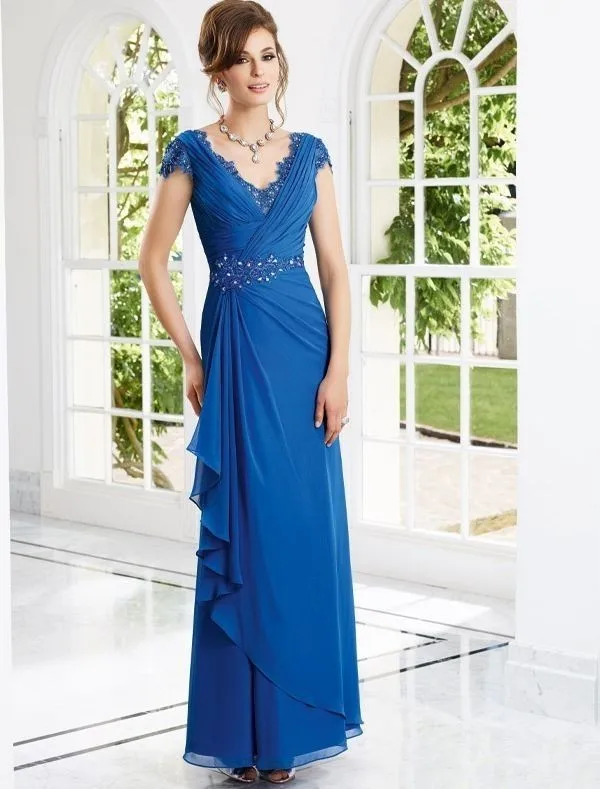 Chiffon Elegant Blue Wedding Dresses Mother Groom V Neck With Crystal Beaded Evening Gowns vestido de