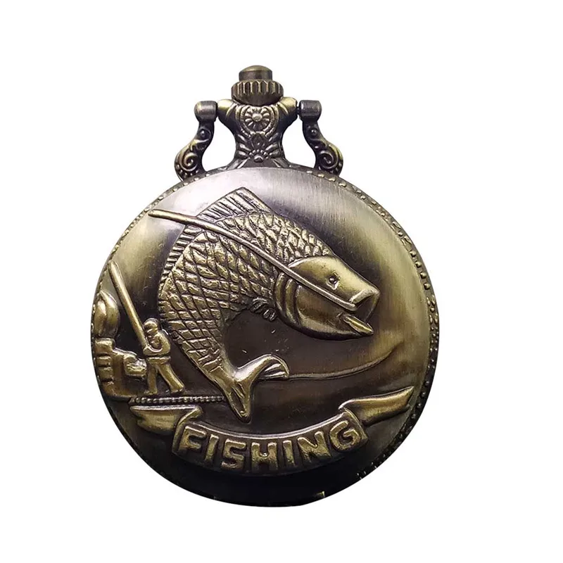 

Vintage Bronze Fishing Steampunk Quartz Pocket Watch Antique Necklace Pendant With Chain Clock Men Women Gifts Relogio De Bolso