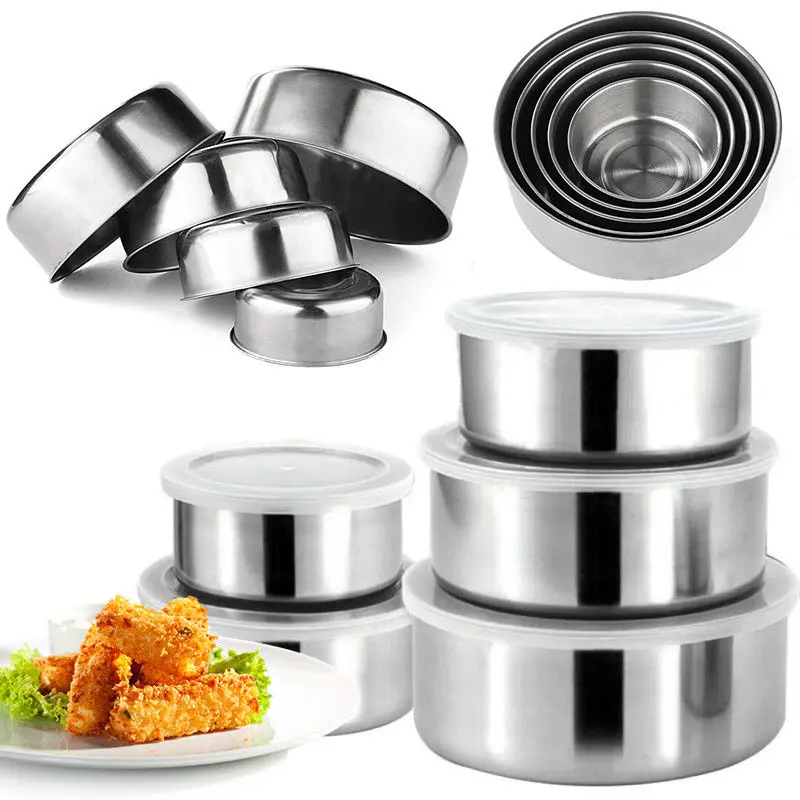 

Silver Fresh-keeping Bowls Metal 5pcs/Set 5 sizes For packing lunches Stainless Steel Food With 5 Lids Set 10cm