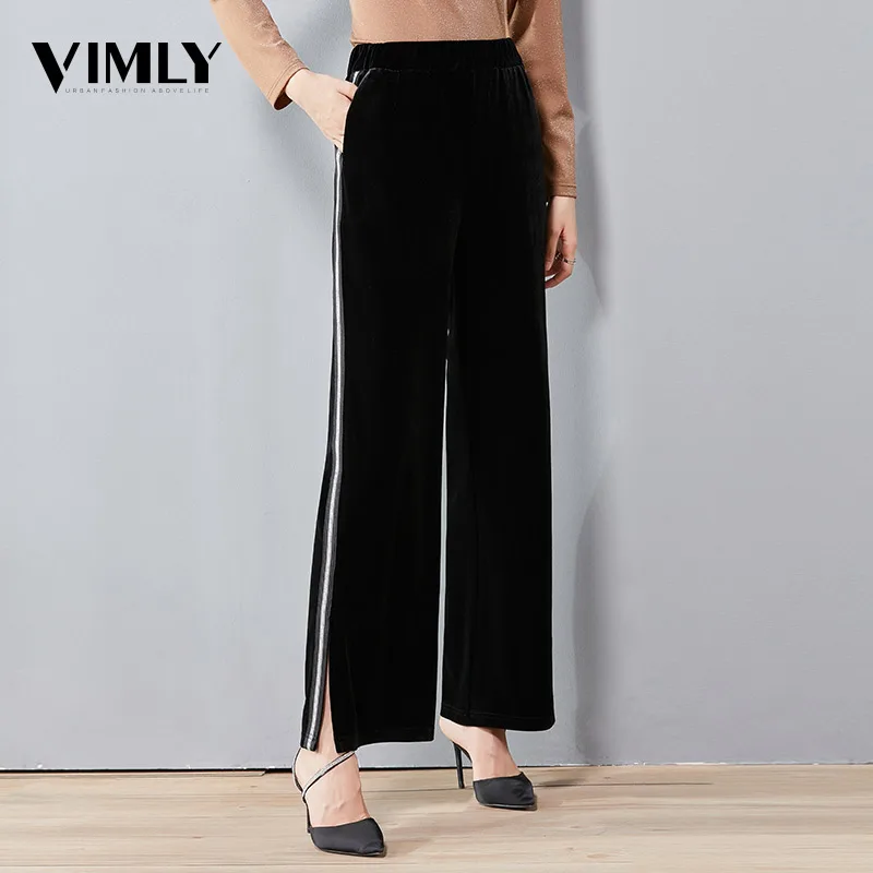 

Vimly Casual Velvet Women Wide Leg Pants Korean Style Elastic Waist Long Trousers High Street Slit Female Pants High Quality
