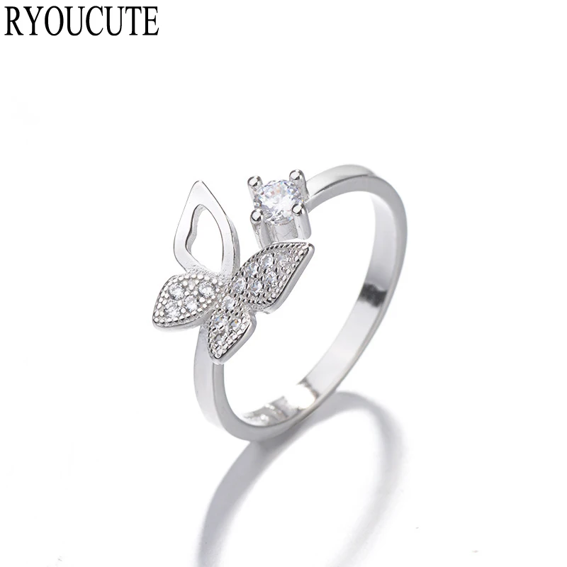 

RYOUCUTE Real Pure 925 Sterling Silver CZ Zirconia Butterfly Rings for Women Wedding Adjustable Finger Ring Statement Jewelry