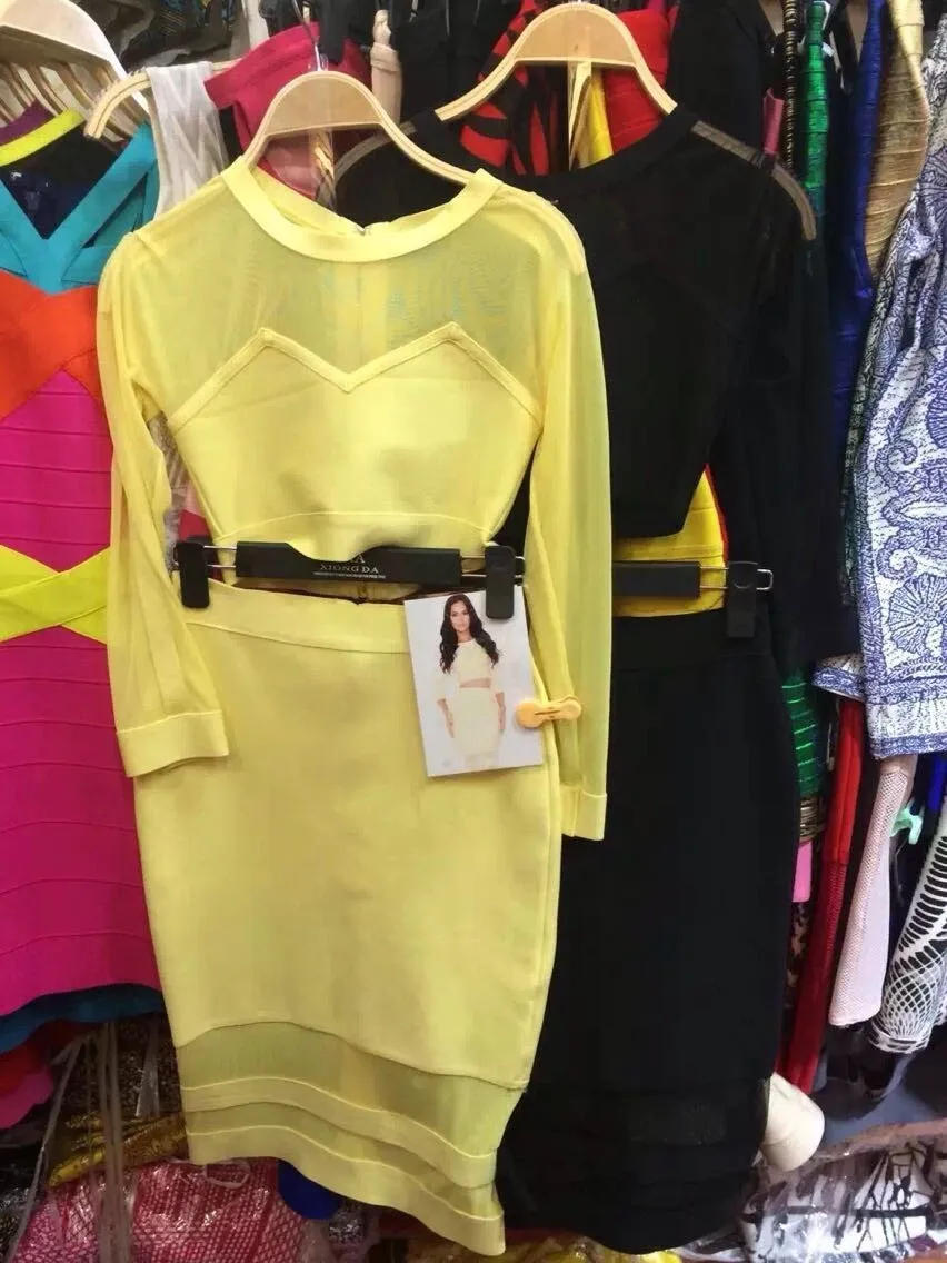 Сексуальный модный желтый сетчатый средний рукав 2 шт.; Бандажное платье обтягивающее платье, оптовые продажи