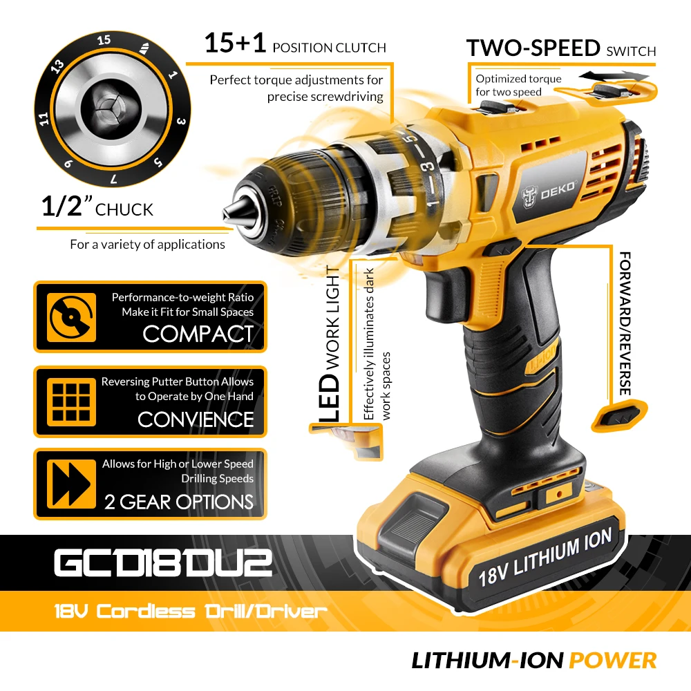 DEKO GCD18DU2 18V Mini Power Driver LED Power Tool Variable Speed Cordless Drill Home DIY Electric Screwdriver 2 Lithium Battery