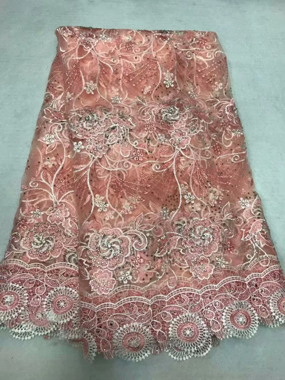 

2018 High Quality African Lace Materials Peach French Tulle Lace Beaded Lace-Fabric White Lace Fabric For Wedding Dress
