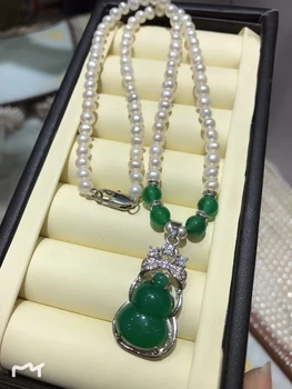 

New 925 Silver Natural Green Jade Gourd Pendant 5 Mm Pearl Necklace Natural Pearls Beads Long Necklace
