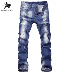 Европейском стиле потертой джинсы Брендовые мужские синие джинсы личности одежда с дырками 2018 новые модные мужские джинсы из хлопка