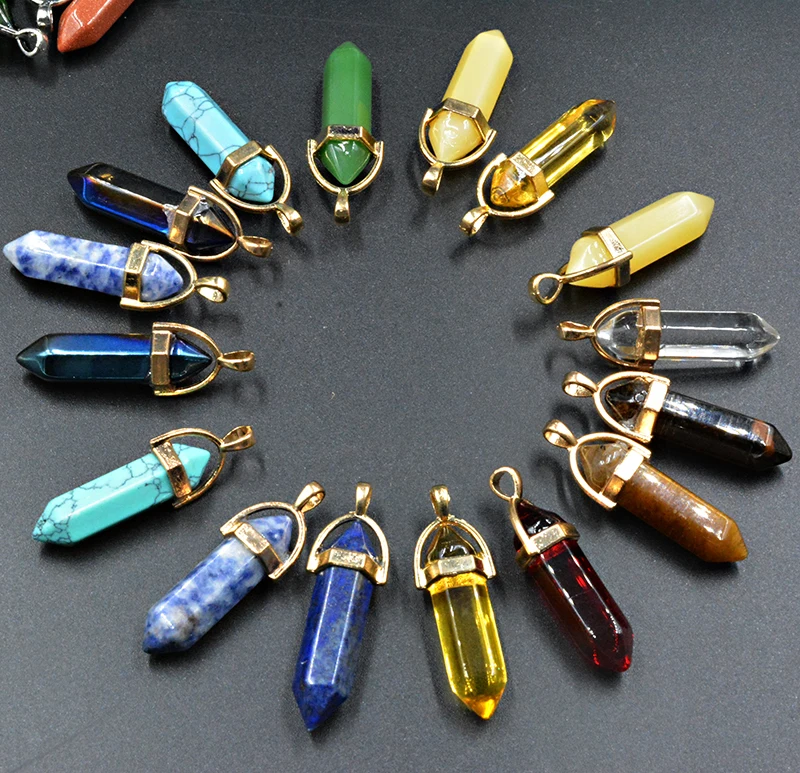

Natural Stone Bullet Sharp Crystal Pillar Gold Pendants and Gold Chain for Making Jewelry Fashion Necklace Free Shipping