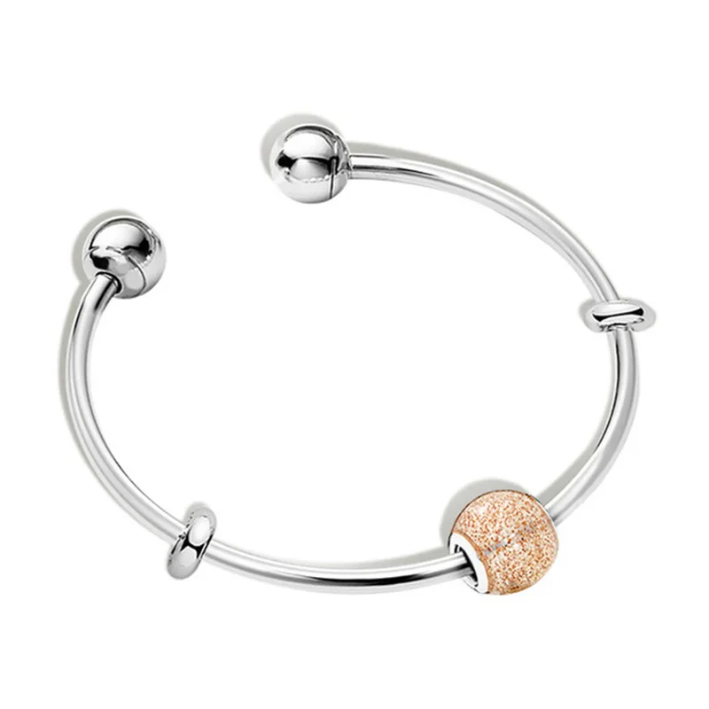 

100% 925 Sterling Silver Blinking Ball ROSE Gold Charm Beaded Open Bracelet Set Charming Elegant Gift Surprise Collection