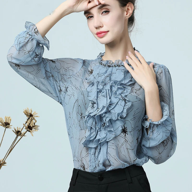 

Diamonds Collar Women Summer Chiffon Blouse 3D Ruffles Blue Printed Top Petal Sleeve O-Neck Plus Size Elegant Perspective Shirts