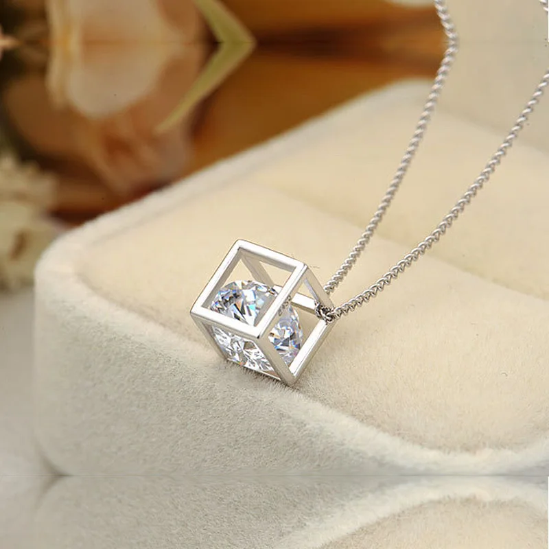 

925 sterling silver necklace Square Design Cubic Zircon Pendant Necklaces For Women white/purple color inci kolye