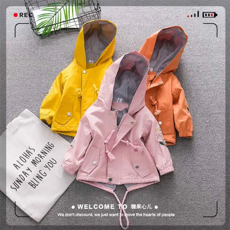 

hot selling new girl coats 2019 spring autumn girls fashion cotton solid color hooded outwear children flower embroidery jacket