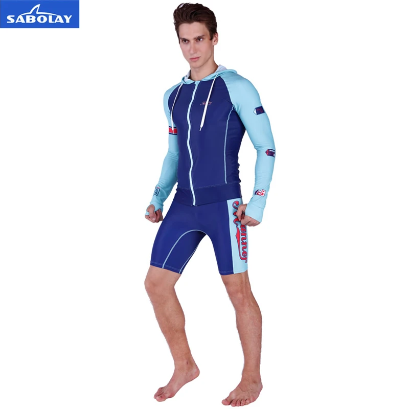 

SABOLAY Men cardigan elasticity Rash Guard Suit UV Protection Long Sleeves Windsurf Surfing Tops Short pants Swimsuit Swimwear