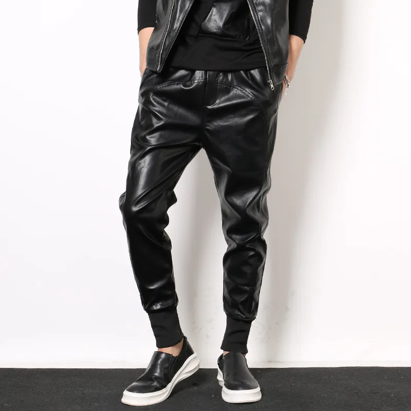 2019 new fashion men's leather pants Slim street men's motorcycle leather pants men's elastic waist feet harem pants