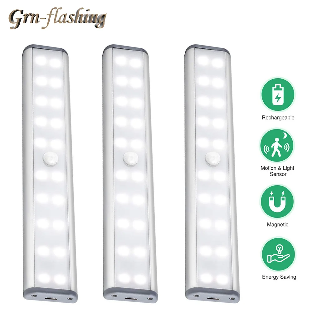 

1/2/3pcs 20 LED Under Cabinet Light PIR Motion Sensor Lamp 5V USB Rechargeable Night Light for Cabinet Closet Wardrobe lighting