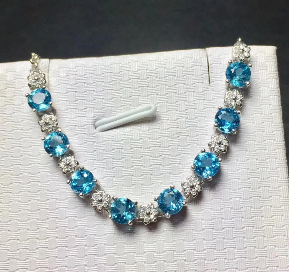 Bracelet en topaze bleue naturelle Bracelet en pierres précieuses naturelles S925 bracelet en argen