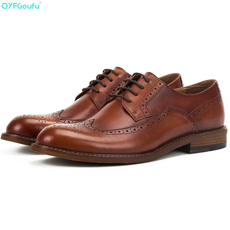

QYFCIOUFU Fashion Blake brogue shoes men Handmade Genuine Calf Leather vintage formal shoes Wedding Office Derby Men dress shoes