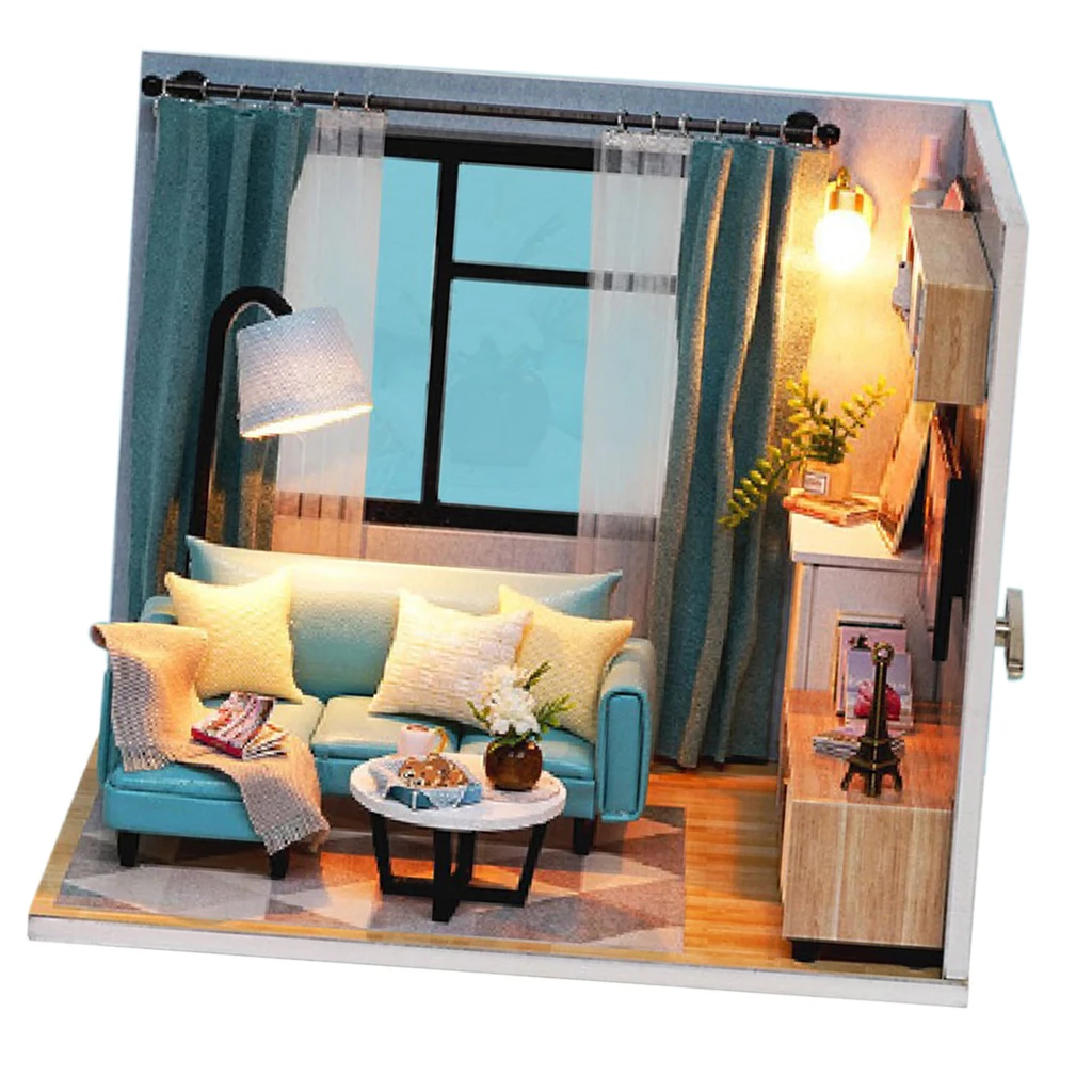 DIY Wooden Dollhouse Miniature Kit Furniture LED Light Corner of Living Room