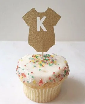 

gold glitter Onesie with Letter cupcake toppers baby shower cupcake toppers wedding fruit Picks party decorations