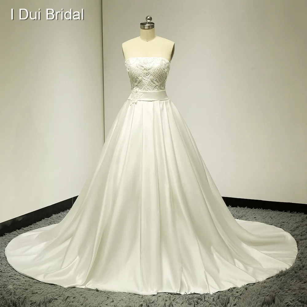 Strapless Pearl Beaded Satin Wedding Gown Bridal Dress Real Photo Factory Custom Made ELS-013