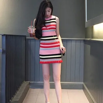 

Women Summer Stripe Bodycon Dress Sleeveless Knitted Dress Short/Long Vest Dress Vestidos