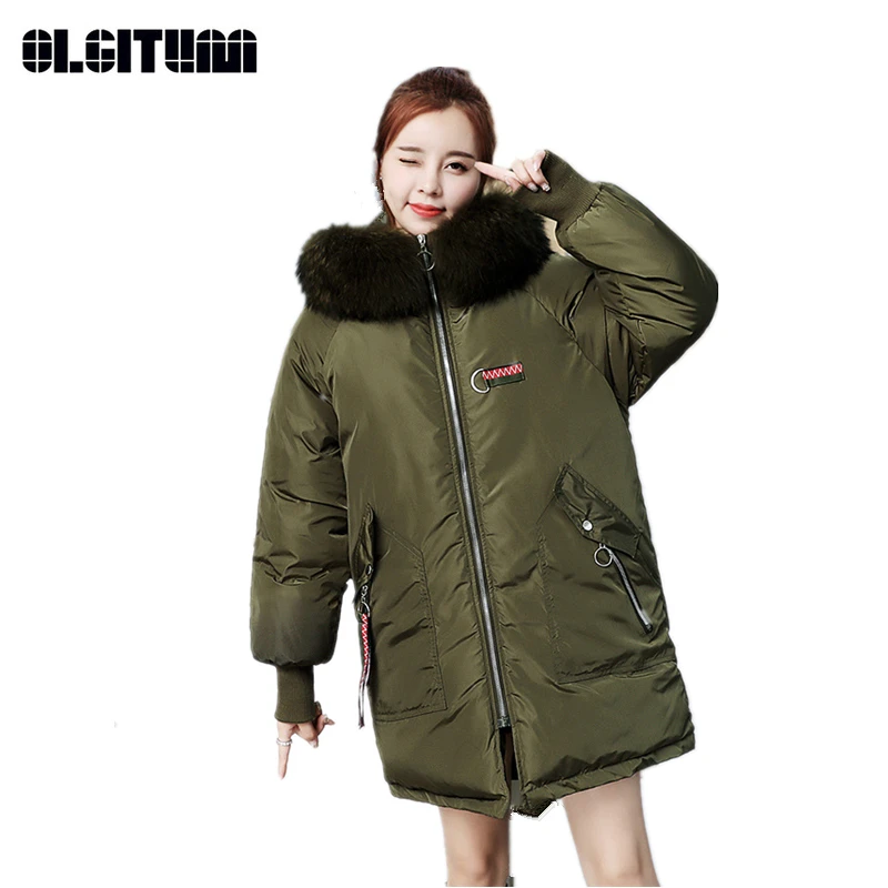 #*Cheap OLGITUM New 2018 Winter Solid Color Women Cotton Coat Korean Long Loose Fur Collar Thicken Bread Cotton Women Jacket