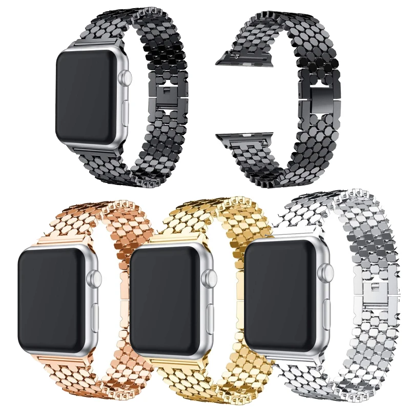 

Fashion Scales lines Watchband Link buckle Octagon Stainless Steel Strap bracelet band For Apple watch 38/42mm Series 1/2/3
