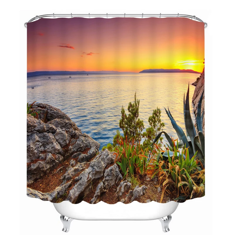 

New 3D Shower Curtains Waterproof Bathroom Curtains Ocean Sunset Scenery Pattern Washable Fabrics Bath Curtain Bathroom Products
