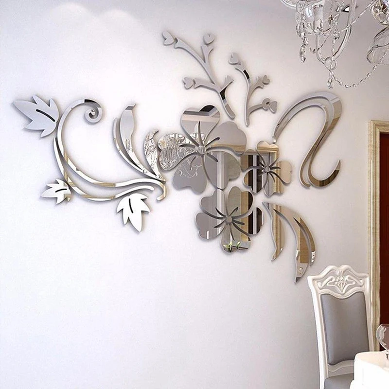 HOT-3D съемные зеркальные Цветочные наклейки на стену акриловые художественные Декорации для дома комнаты(40x60 см)(серебро