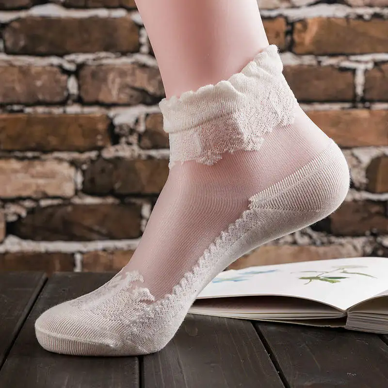 Женские Кружевные Гофрированные короткие носки, удобные шелковые эластичные сетчатые носки, прозрачные, ультратонкие, Meias, короткие, с цветочным рисунком, Chaussettes, Прямая поставка - Цвет: white