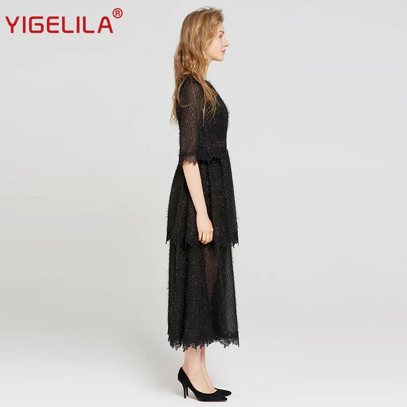 Женское длинное платье YIGELILA черное облегающее до щиколотки с о вырезом и широким