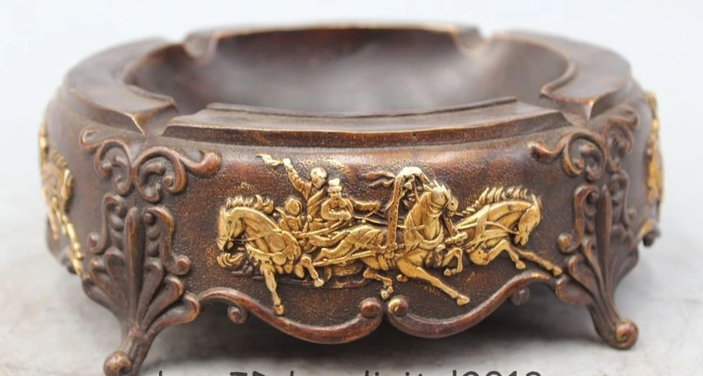 

8" Chinese Dynasty Palace Bronze Gild Man Ride Horse Statue Tobacco Jar Ashtray